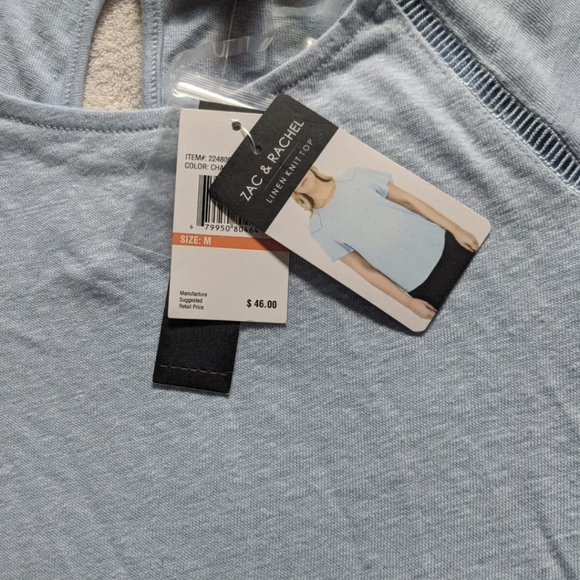 NWT Women's Zac & Rachel Chambray Blue Flutter Sleeve Linen Knit Top - Medium. - Picture 8 of 11